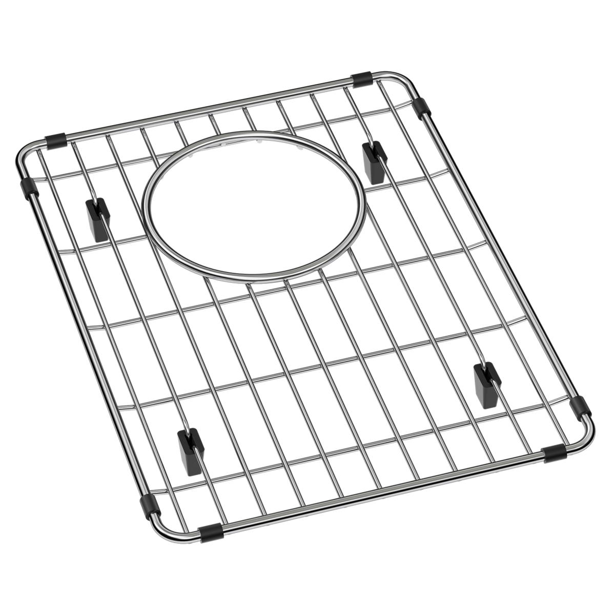 Stainless steel sink grid with grid pattern, centered oval cutout, and black rubber corner feet.