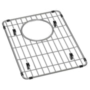 Stainless steel sink grid with grid pattern, centered oval cutout, and black rubber corner feet.