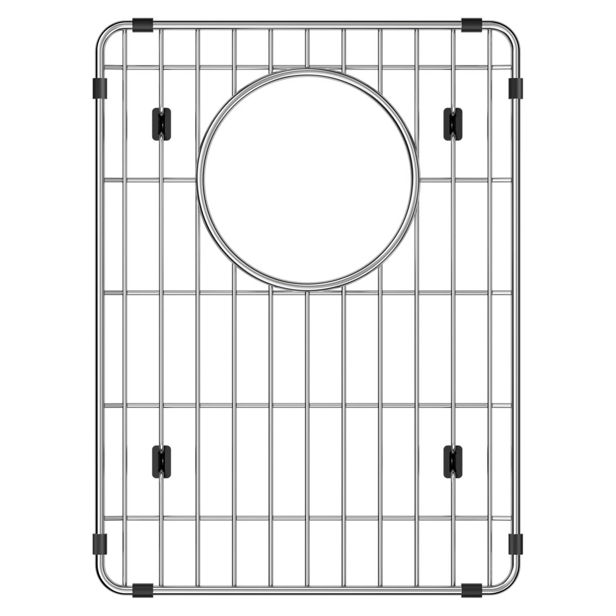 Stainless steel sink grid with vertical and horizontal wires, circular drain opening, and black rubber corner pads.