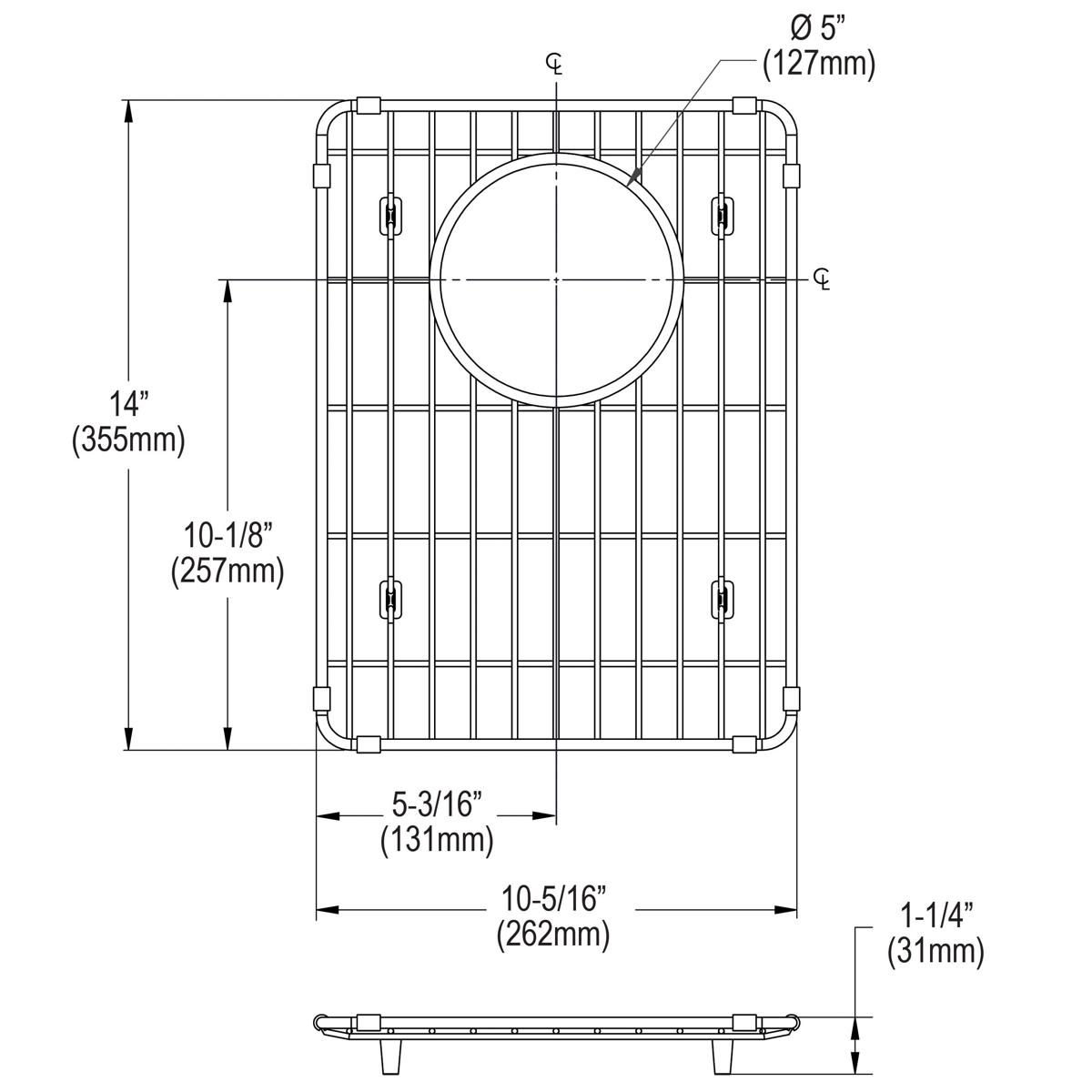 Stainless steel sink bottom grid with parallel wire pattern and circular drain opening, featuring four corner feet.