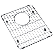 Stainless steel sink bottom grid with circular drain opening and black rubber feet.