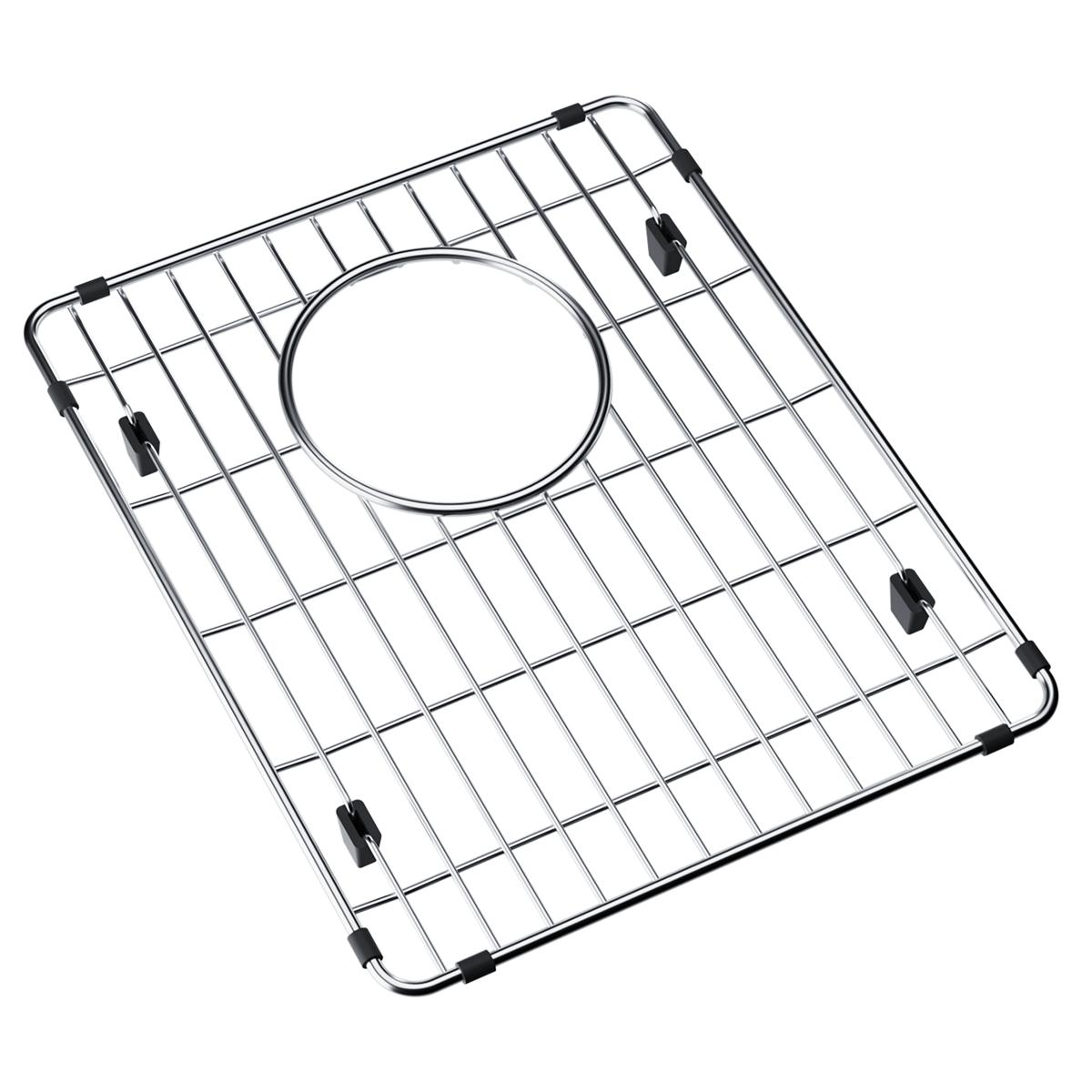 Stainless steel sink bottom grid with circular drain opening and black rubber feet.