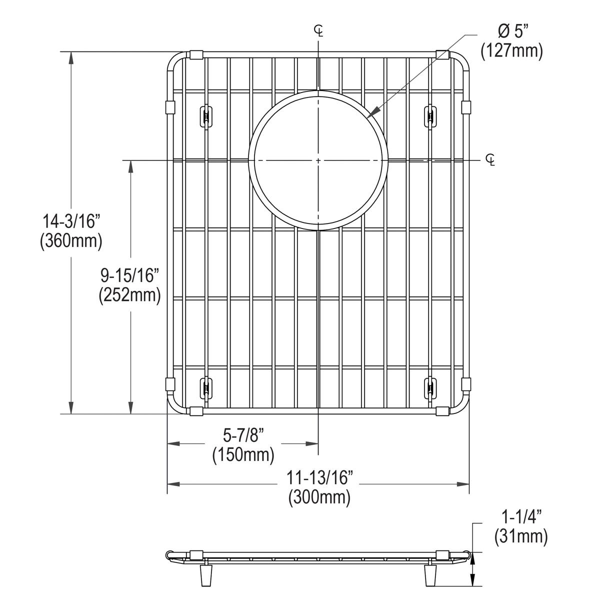 Stainless steel sink bottom grid with vertical slat pattern and circular drain opening, shown in top and side views with dime
