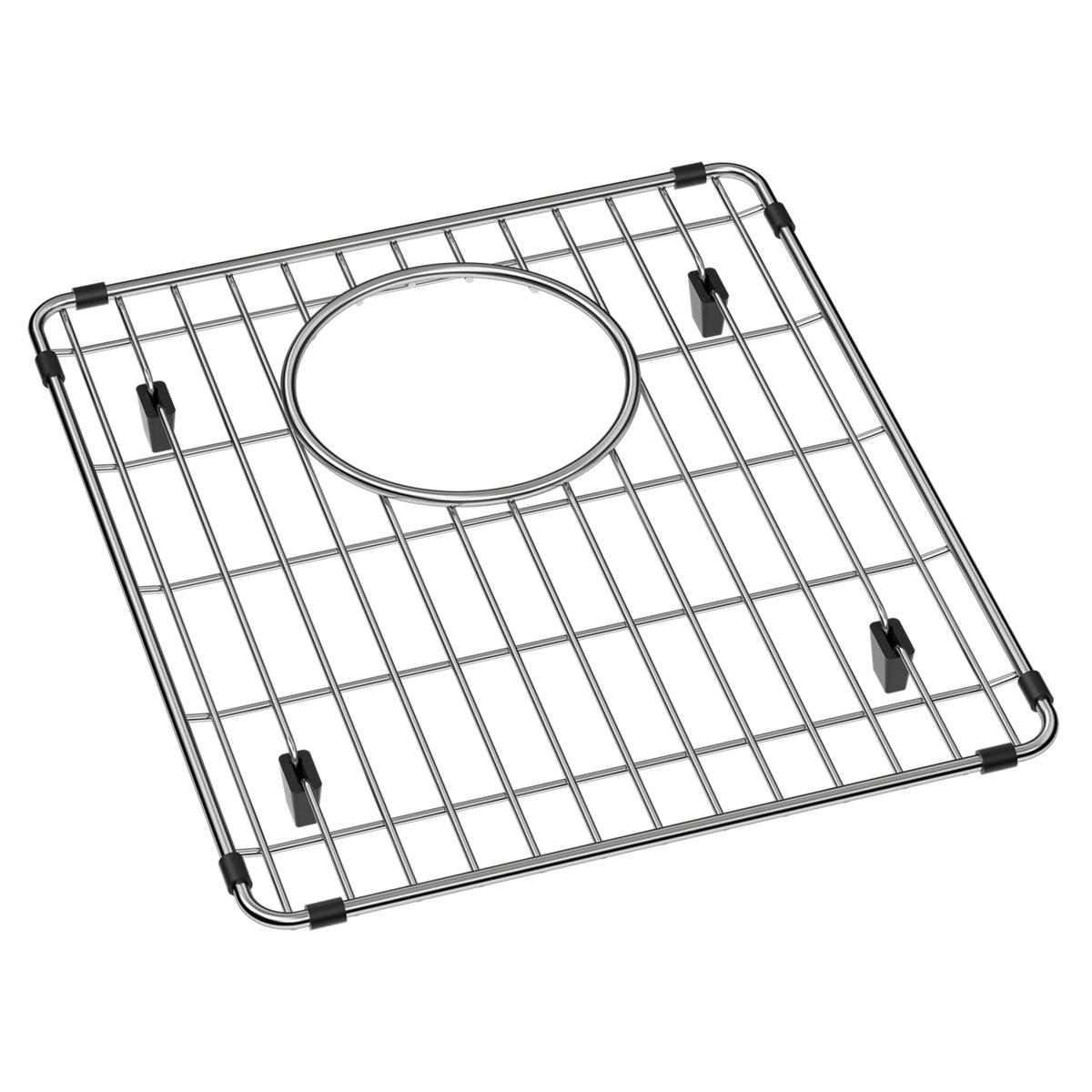 Stainless steel sink grid with square mesh pattern, oval center opening, and black rubber corner pads.