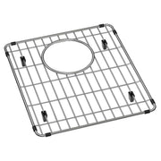 Stainless steel sink grid with square mesh pattern, oval center opening, and black rubber corner pads.