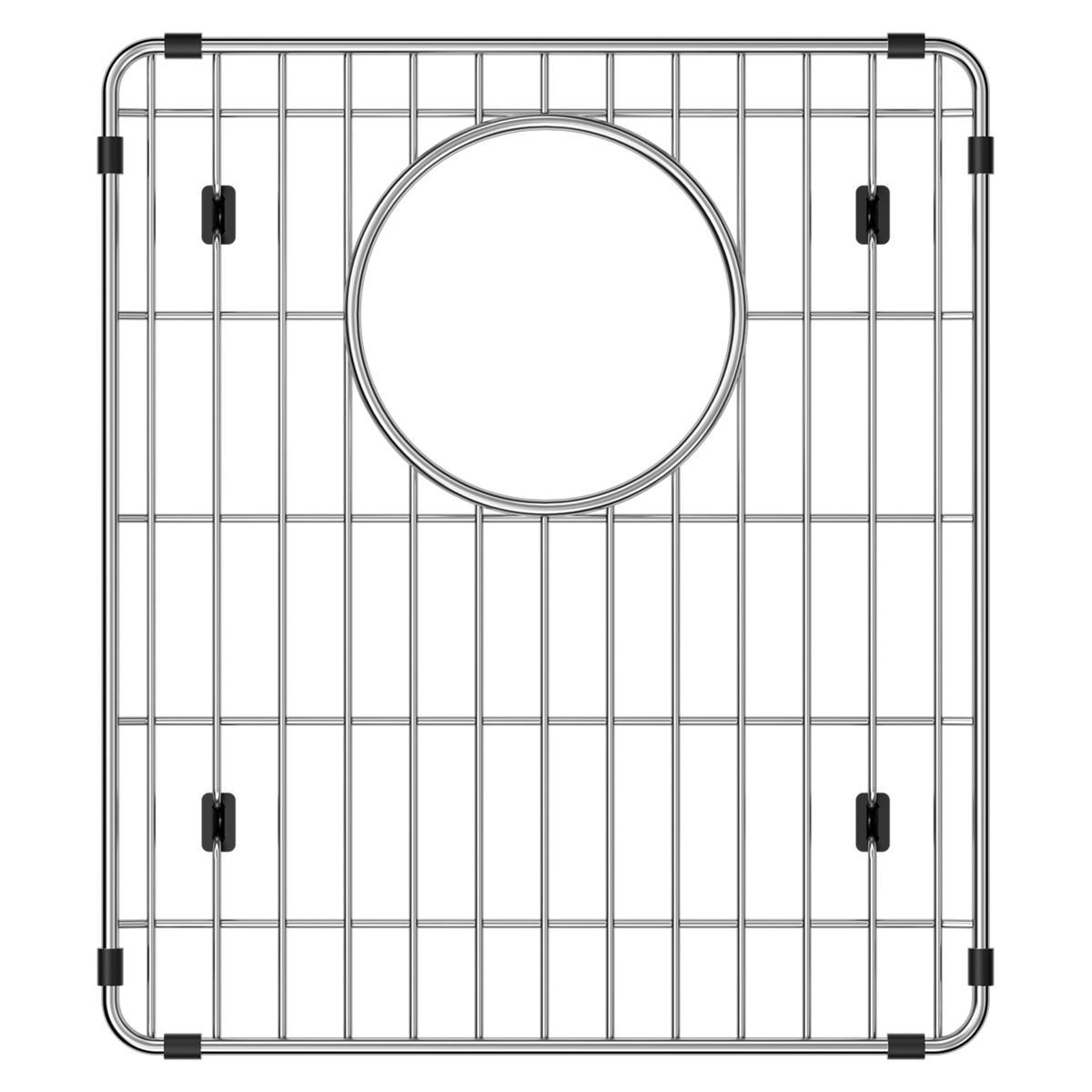 Stainless steel sink grid with vertical and horizontal wire pattern, circular drain opening, and black rubber corner feet.