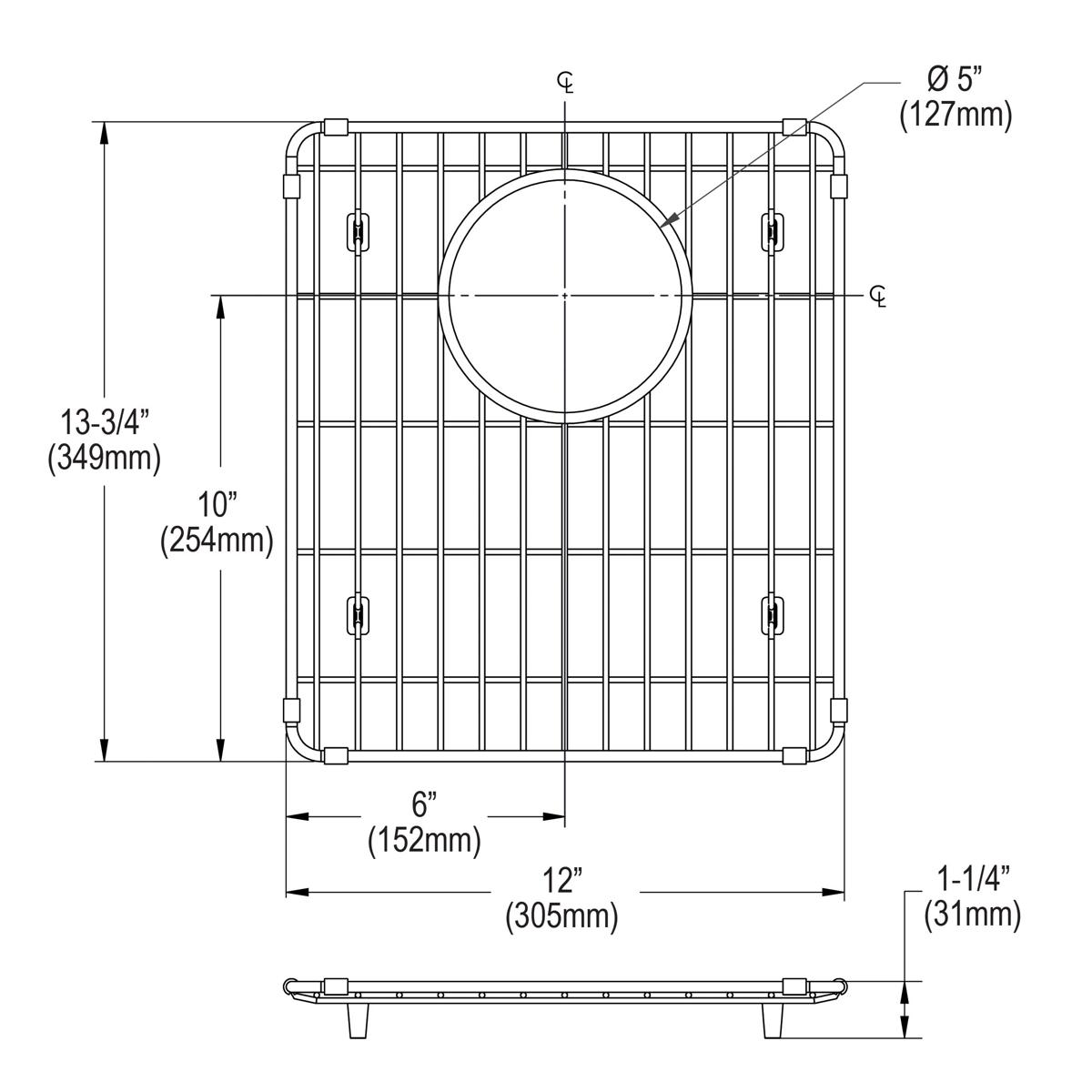 Stainless steel sink grid with vertical bars and circular drain opening, top and side view technical diagram.