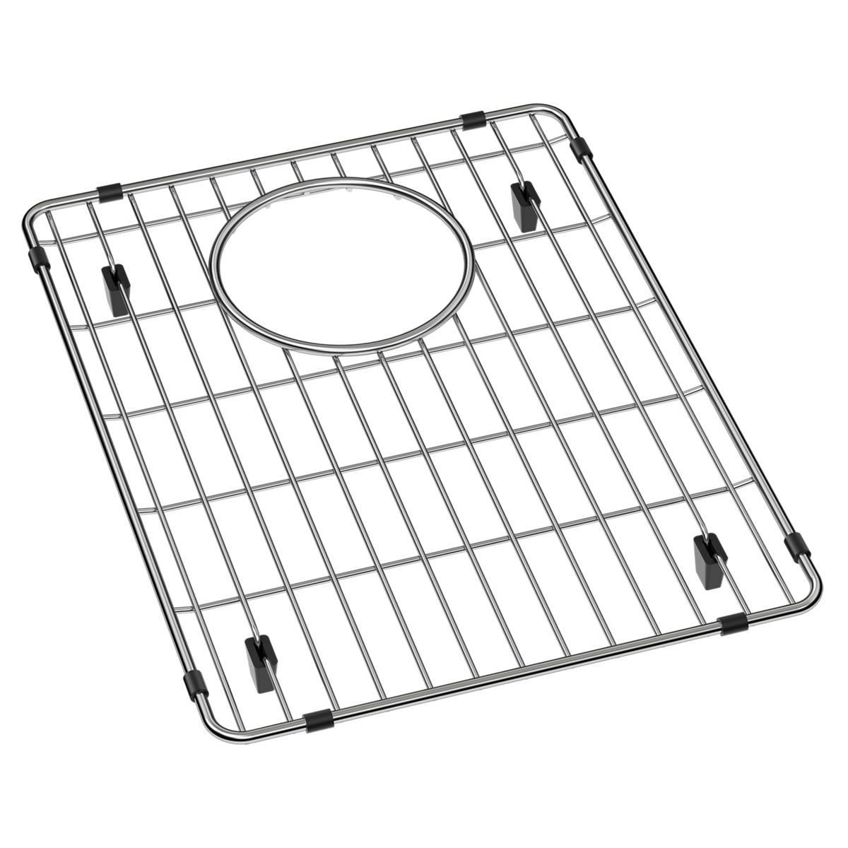 Stainless steel sink grid with square mesh pattern and centered oval drain opening, secured by black rubber feet.