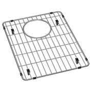 Stainless steel sink grid with square mesh pattern and centered oval drain opening, secured by black rubber feet.