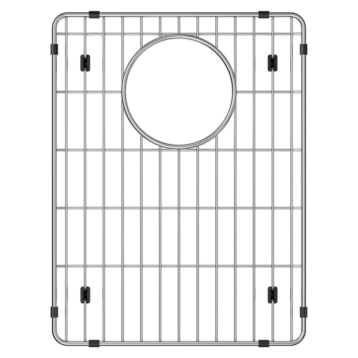 Stainless steel sink grid with wire pattern and circular drain opening, black rubber feet on corners.
