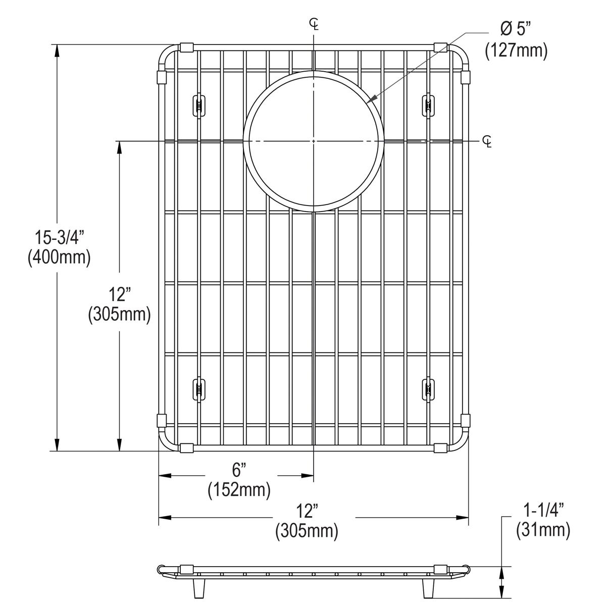 Stainless steel sink bottom grid with vertical wire pattern, circular drain opening, and mounting feet, 12" x 15-3/4".