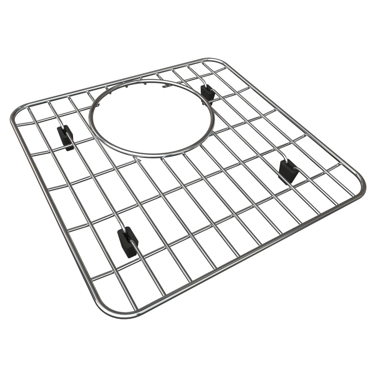 Stainless steel sink grid with square wire pattern, center drain hole, and four black rubber feet.