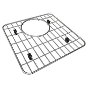 Stainless steel sink grid with square wire pattern, center drain hole, and four black rubber feet.