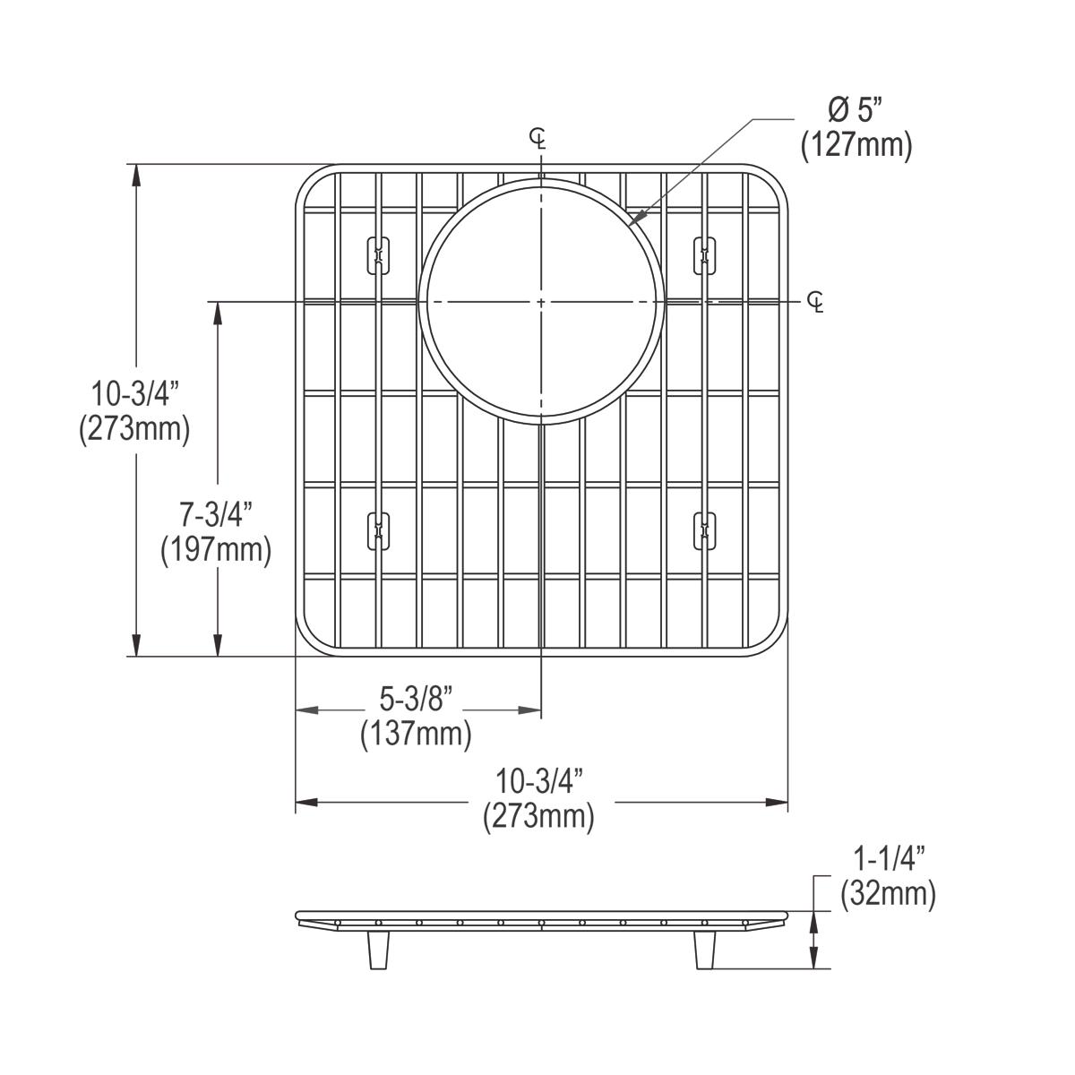 Stainless steel sink grid with rectangular frame, vertical and horizontal bars, and circular center opening, shown in top and
