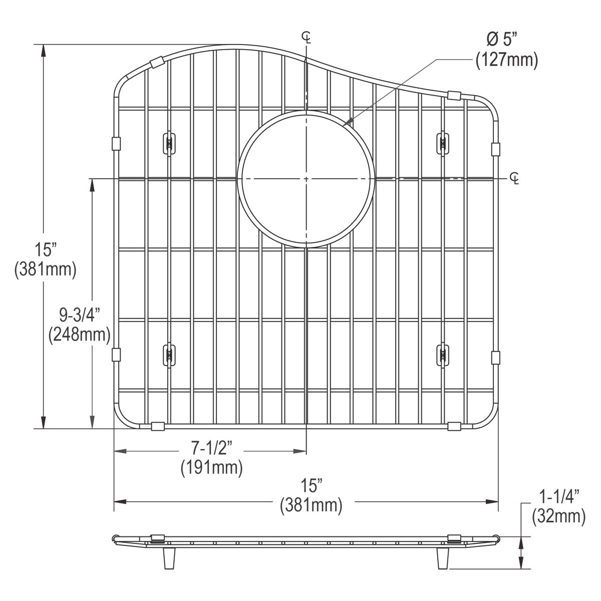 Stainless steel sink bottom grid with vertical and horizontal wire pattern and center drain hole, dimensions 15" x 15-11/16".