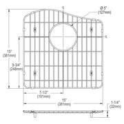 Stainless steel sink bottom grid with vertical and horizontal wire pattern and center drain hole, dimensions 15" x 15-11/16".