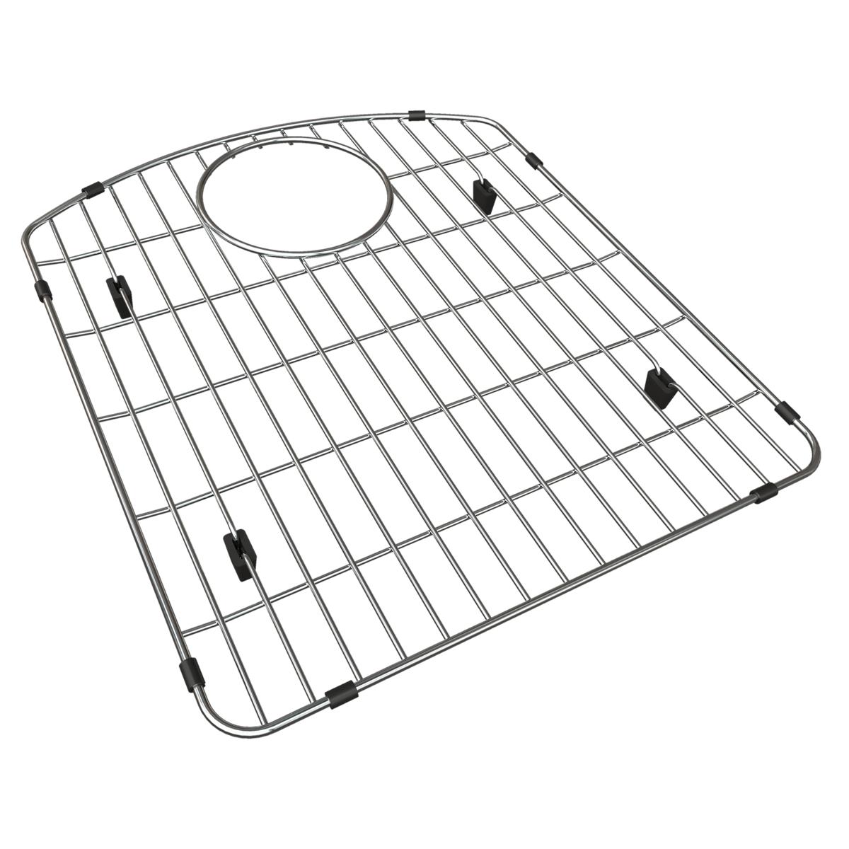 Stainless steel sink grid with rectangular wire pattern, circular drain opening, and black rubber feet.