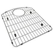 Stainless steel sink grid with rectangular wire pattern, circular drain opening, and black rubber feet.