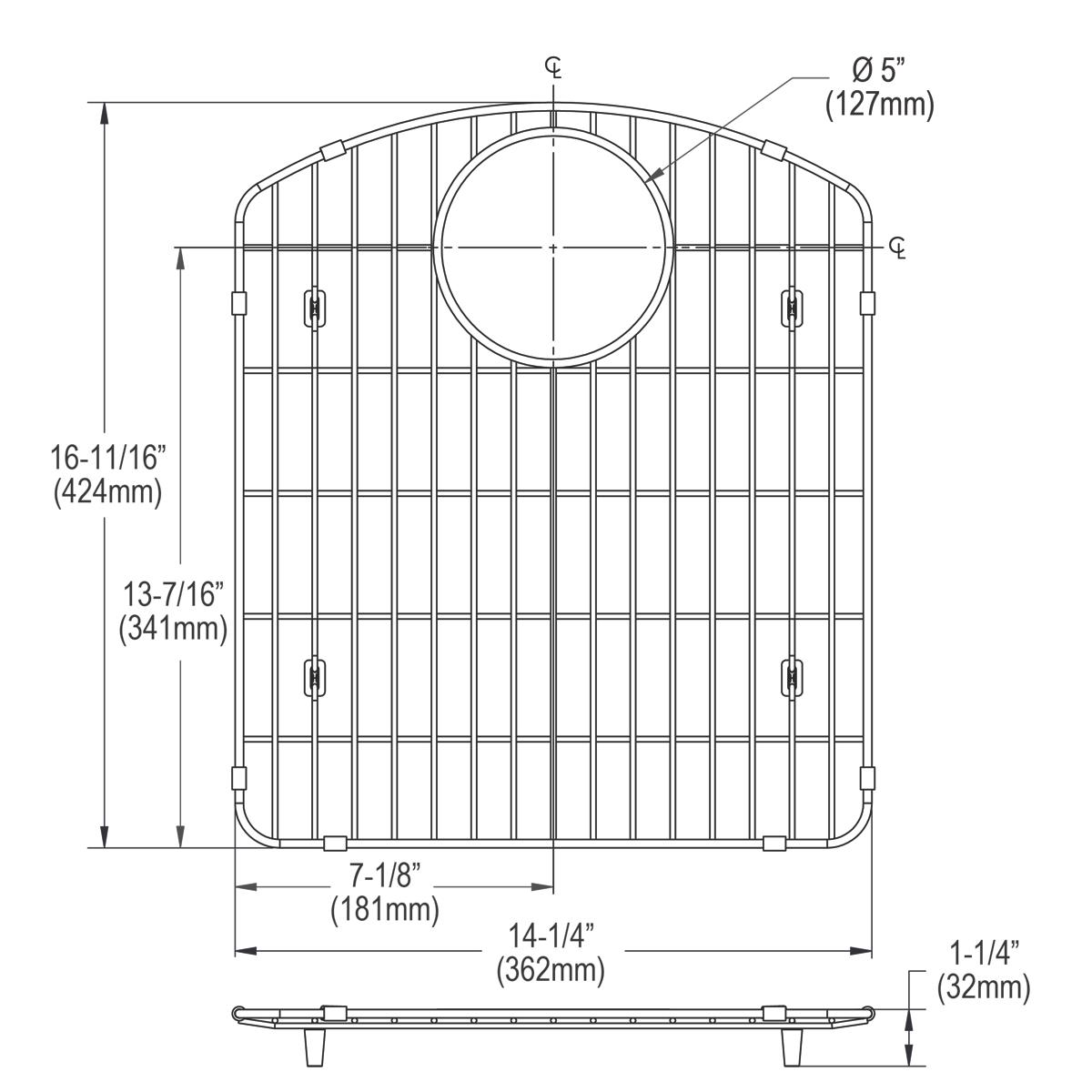 Stainless steel sink grid with vertical and horizontal wires, center circular cutout, and four corner mounting feet.