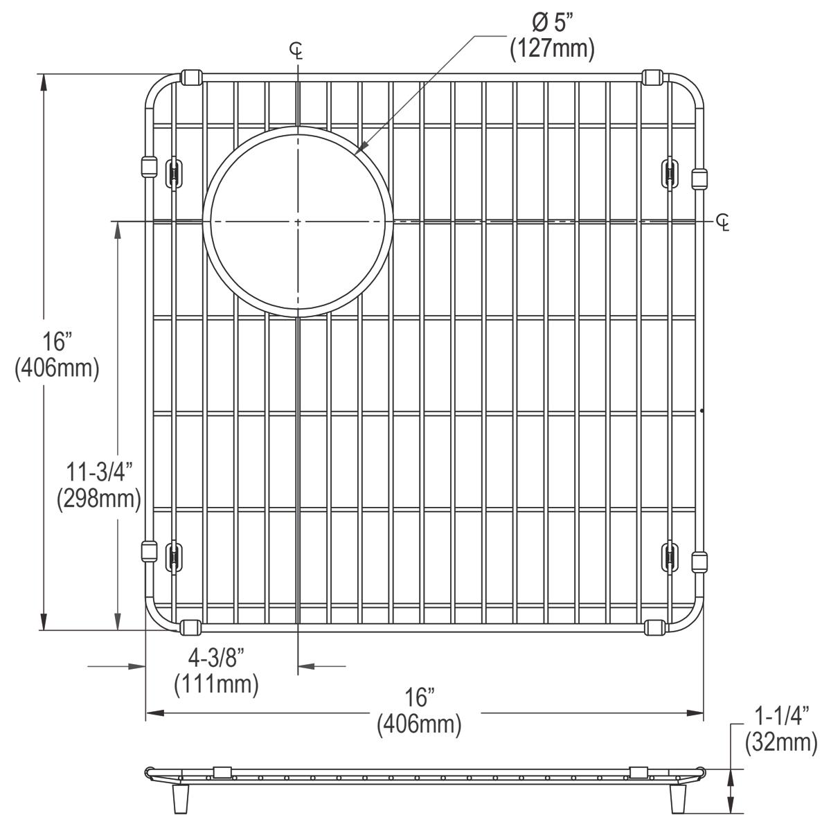 Stainless steel sink bottom grid with vertical and horizontal wires, centered circular drain opening, and corner mounting fee