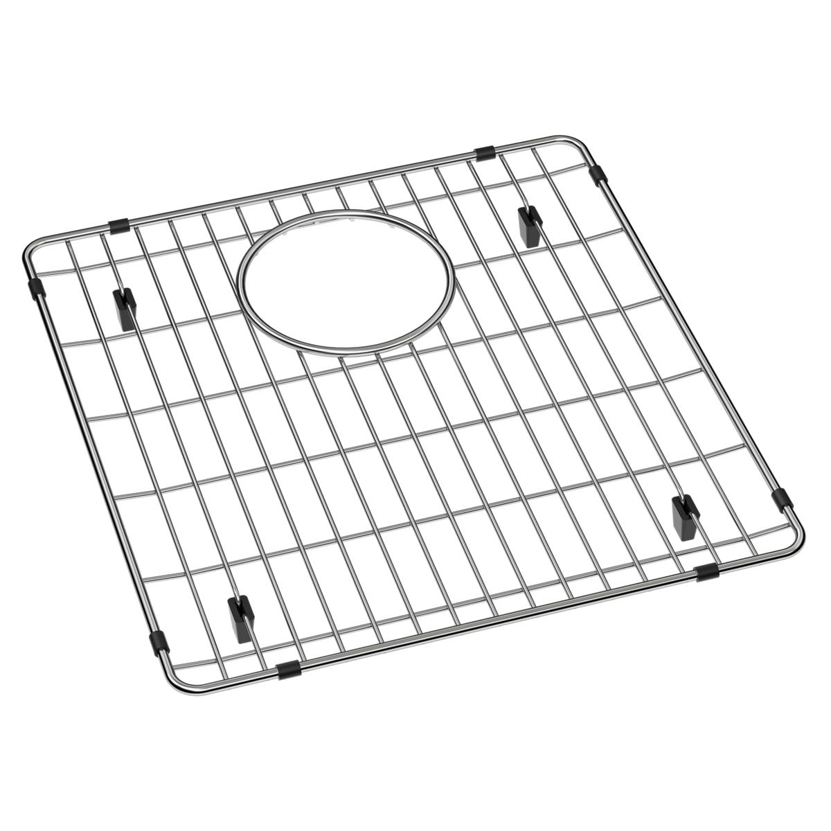 Stainless steel sink grid with square wire pattern, center drain hole, and black rubber feet.