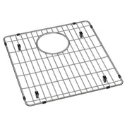 Stainless steel sink grid with square wire pattern, center drain hole, and black rubber feet.