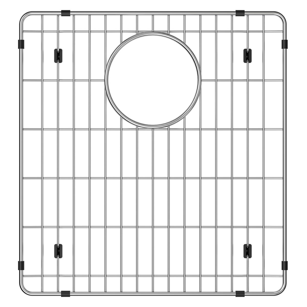 Stainless steel sink grid with vertical and horizontal wire pattern, circular drain opening, and black rubber corner feet.