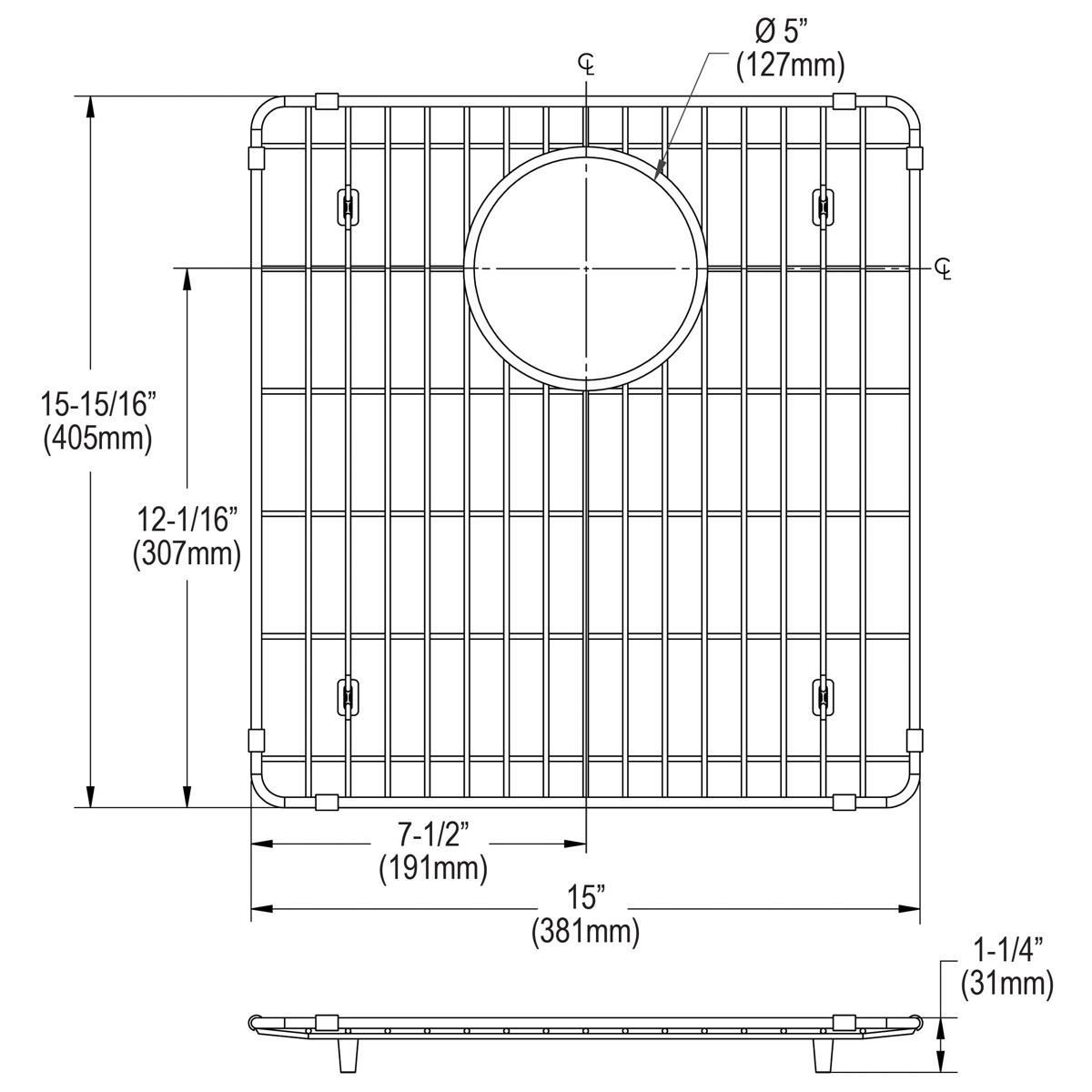 Stainless steel sink grid with vertical and horizontal bars and circular drain opening, shown in top and side views with dime
