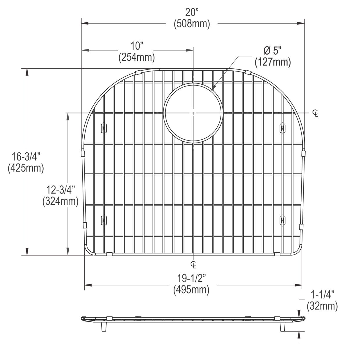 Stainless steel sink bottom grid with vertical wire pattern and circular drain opening, featuring four corner feet.