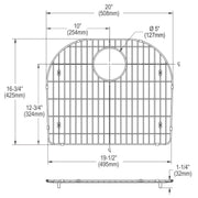 Stainless steel sink bottom grid with vertical wire pattern and circular drain opening, featuring four corner feet.
