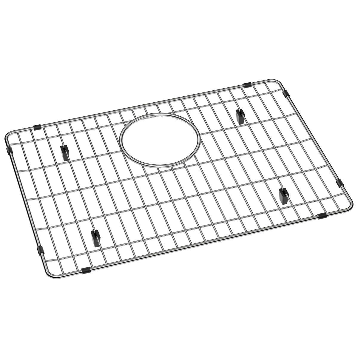 Stainless steel sink grid with rectangular wire pattern and centered oval cutout, featuring corner feet.
