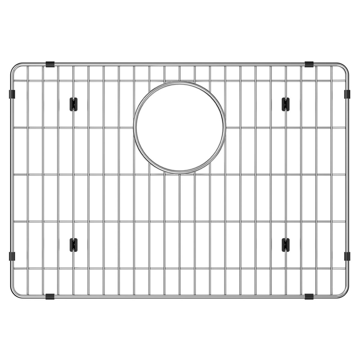 Stainless steel sink grid with vertical wires, circular drain opening, and black rubber feet on corners.