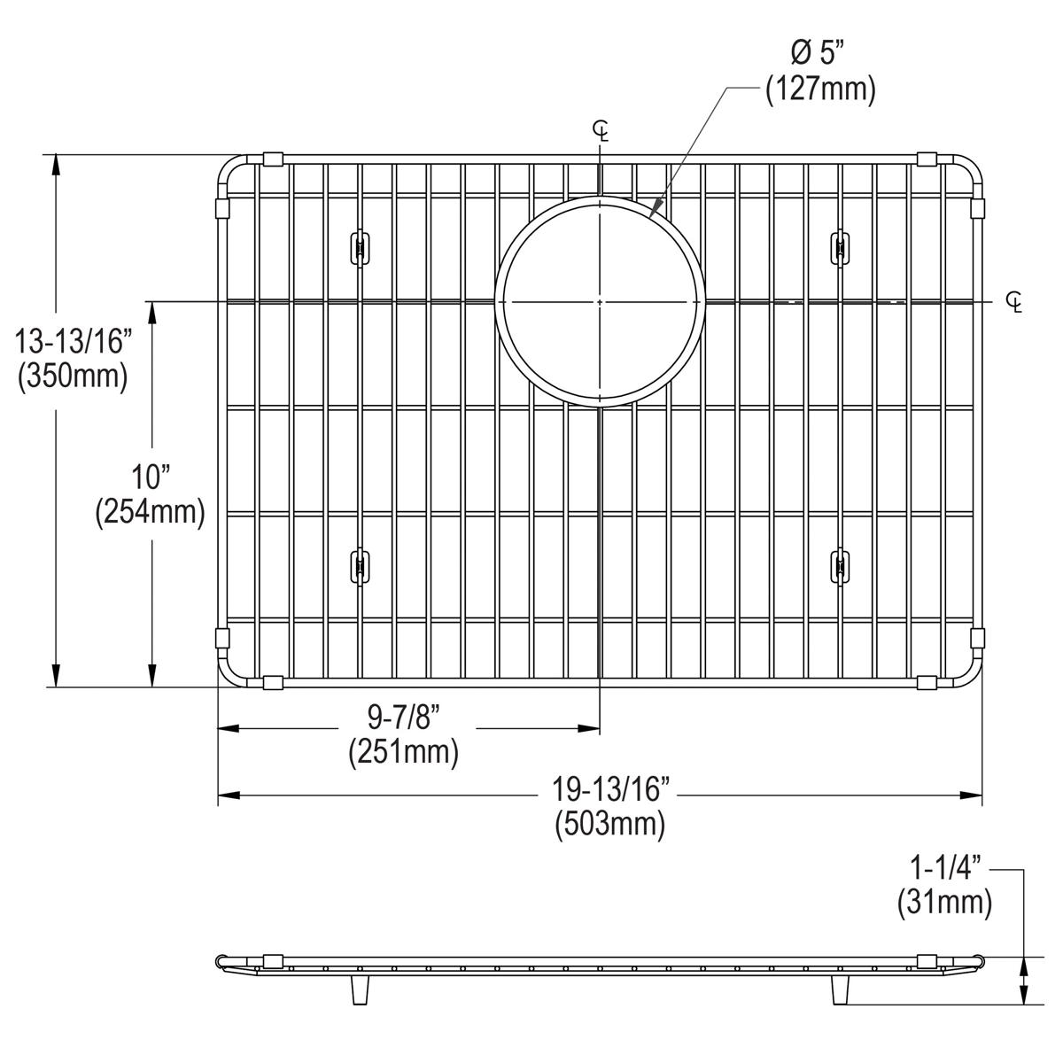 Stainless steel sink grid with vertical bar pattern, circular 5" drain hole, and corner supports, shown from top and side vie