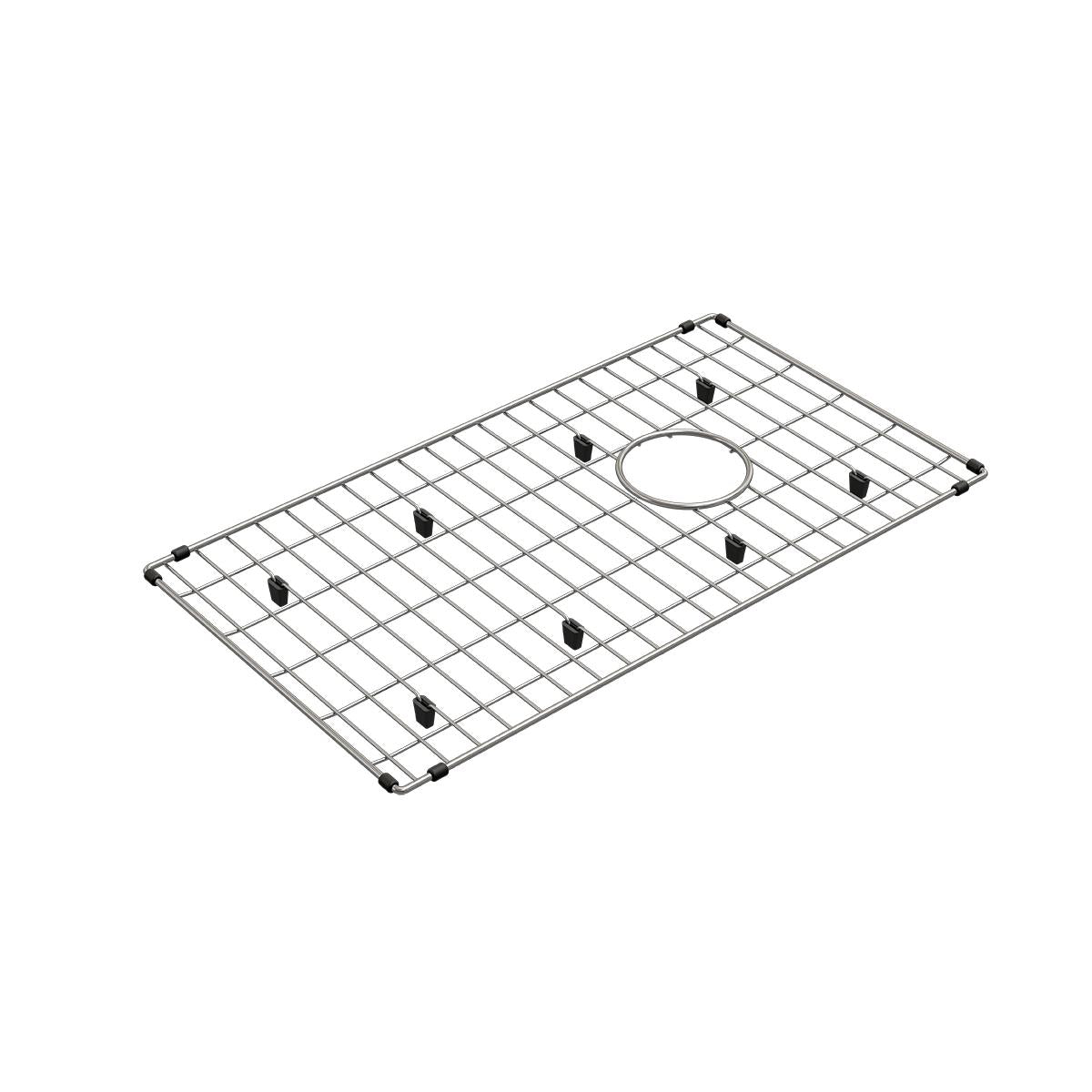 Stainless steel sink bottom grid with crosshatch pattern, circular drain hole, and black rubber feet.