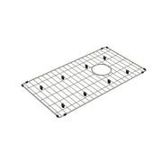 Stainless steel sink bottom grid with crosshatch pattern, circular drain hole, and black rubber feet.
