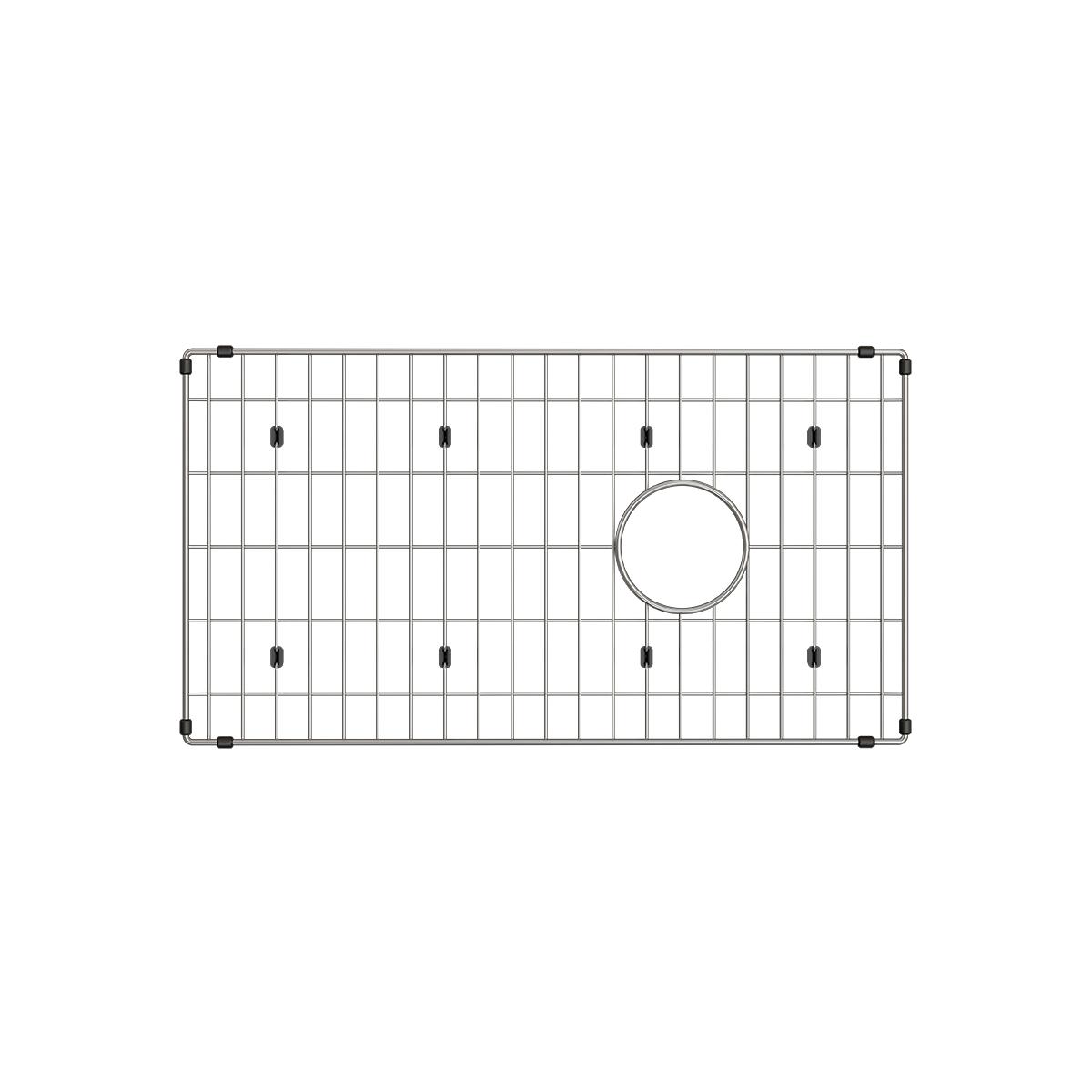 Stainless steel sink grid with rectangular wire pattern and center drain opening, supported by corner brackets.