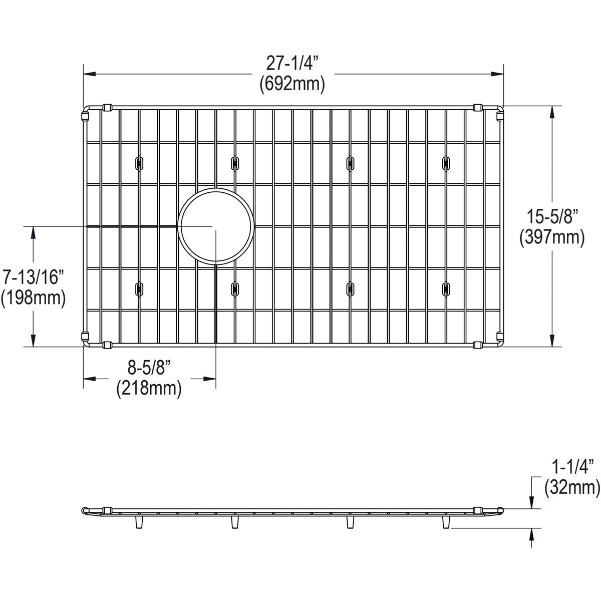 Stainless steel sink grid with vertical bars, circular drain opening, and mounting feet, shown in top and side views with dim