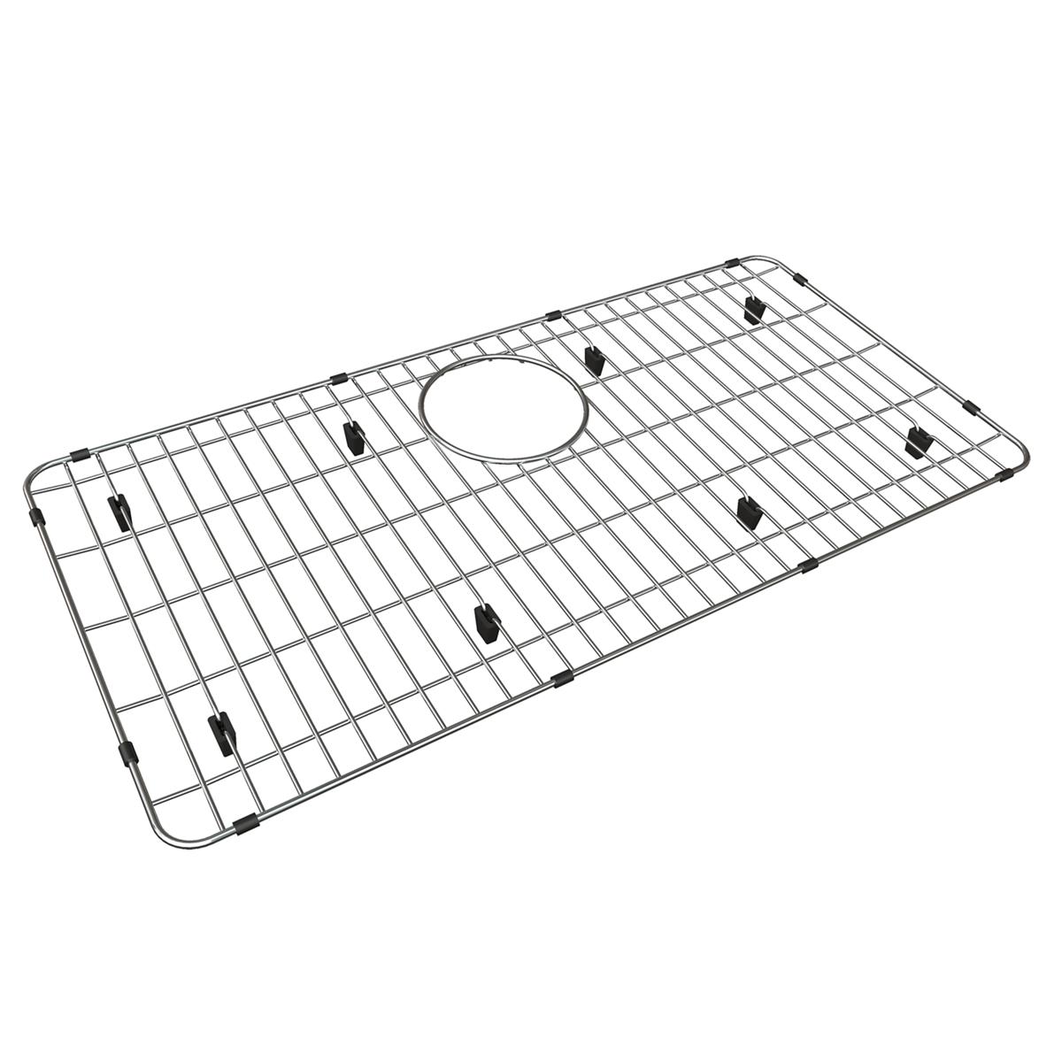 Stainless steel sink grid with parallel bars, circular center opening, and black rubber feet for support.