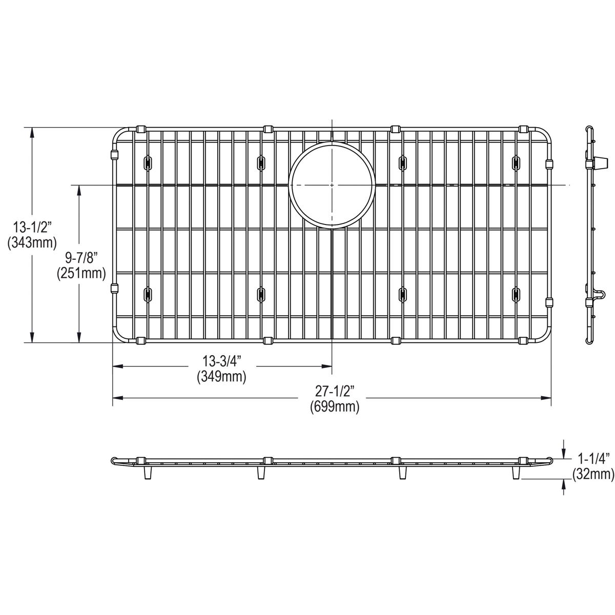 Stainless steel sink grid with vertical bars, rounded corners, center drain hole, and mounting clips, shown from top and side