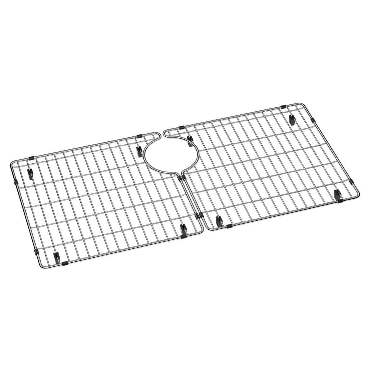 Stainless steel sink grid with parallel wire bars, circular drain opening, and rubber feet.
