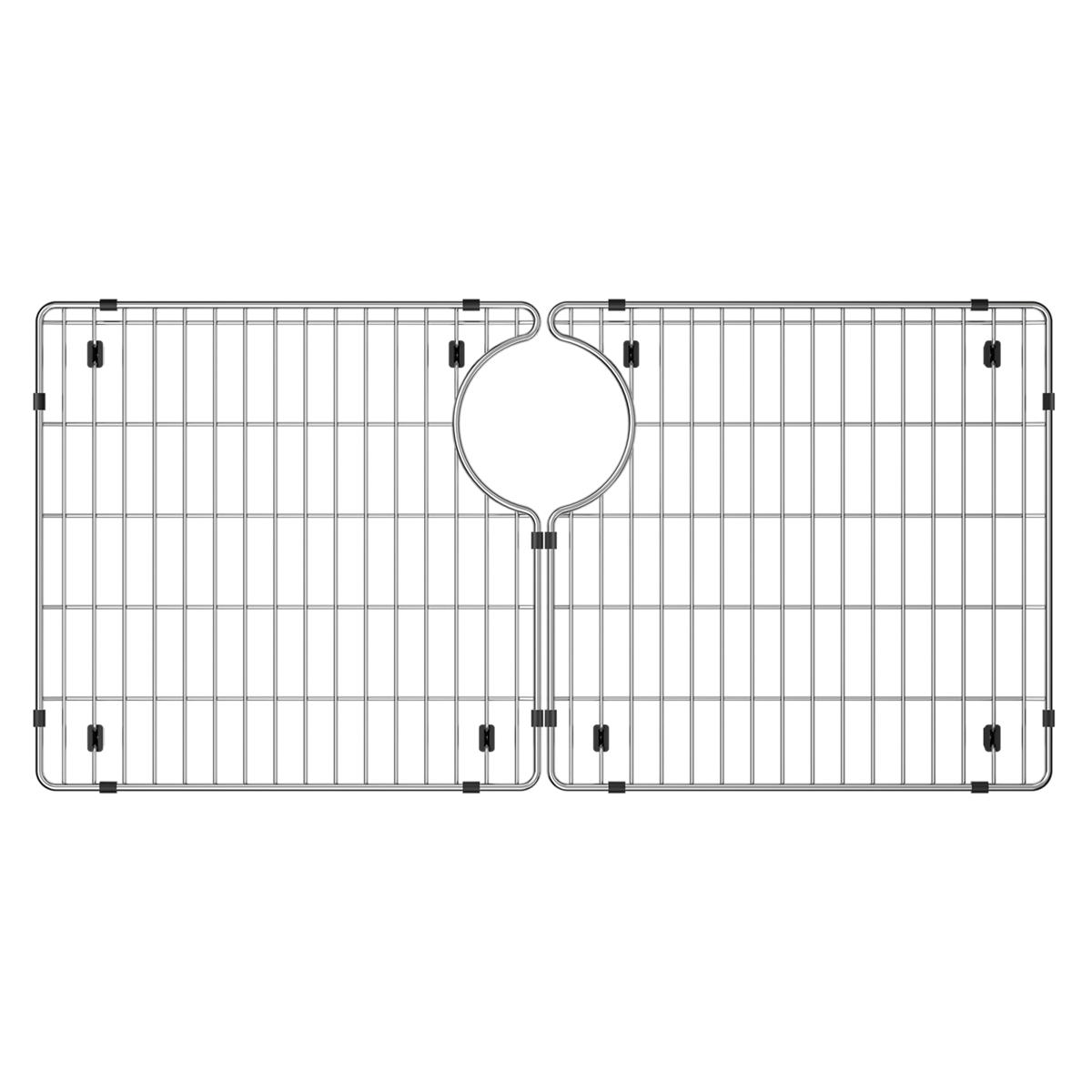 Stainless steel sink bottom grid with two rectangular sections, vertical wire bars, and center circular drain opening with mo