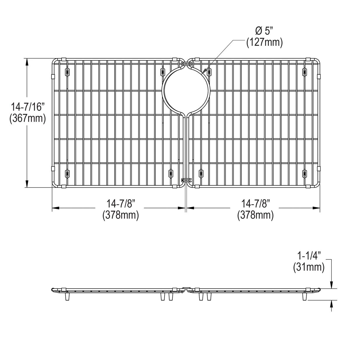 Stainless steel sink grid with parallel bars and central drain opening, shown in top and side views with dimensions.