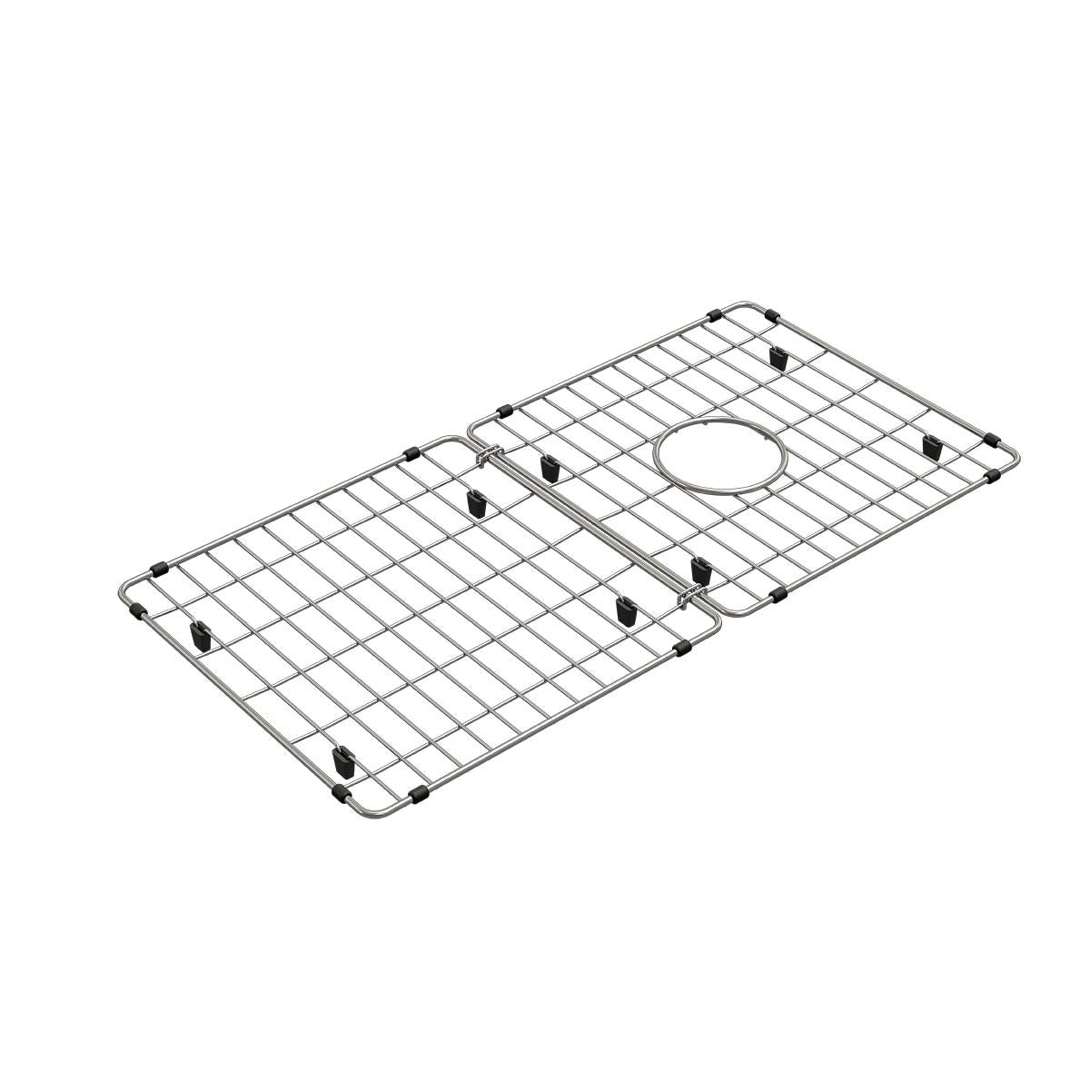 Stainless steel sink grid with wire mesh pattern and circular drain opening, supported by black feet.