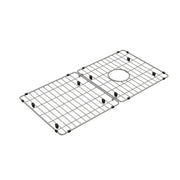 Stainless steel sink grid with wire mesh pattern and circular drain opening, supported by black feet.