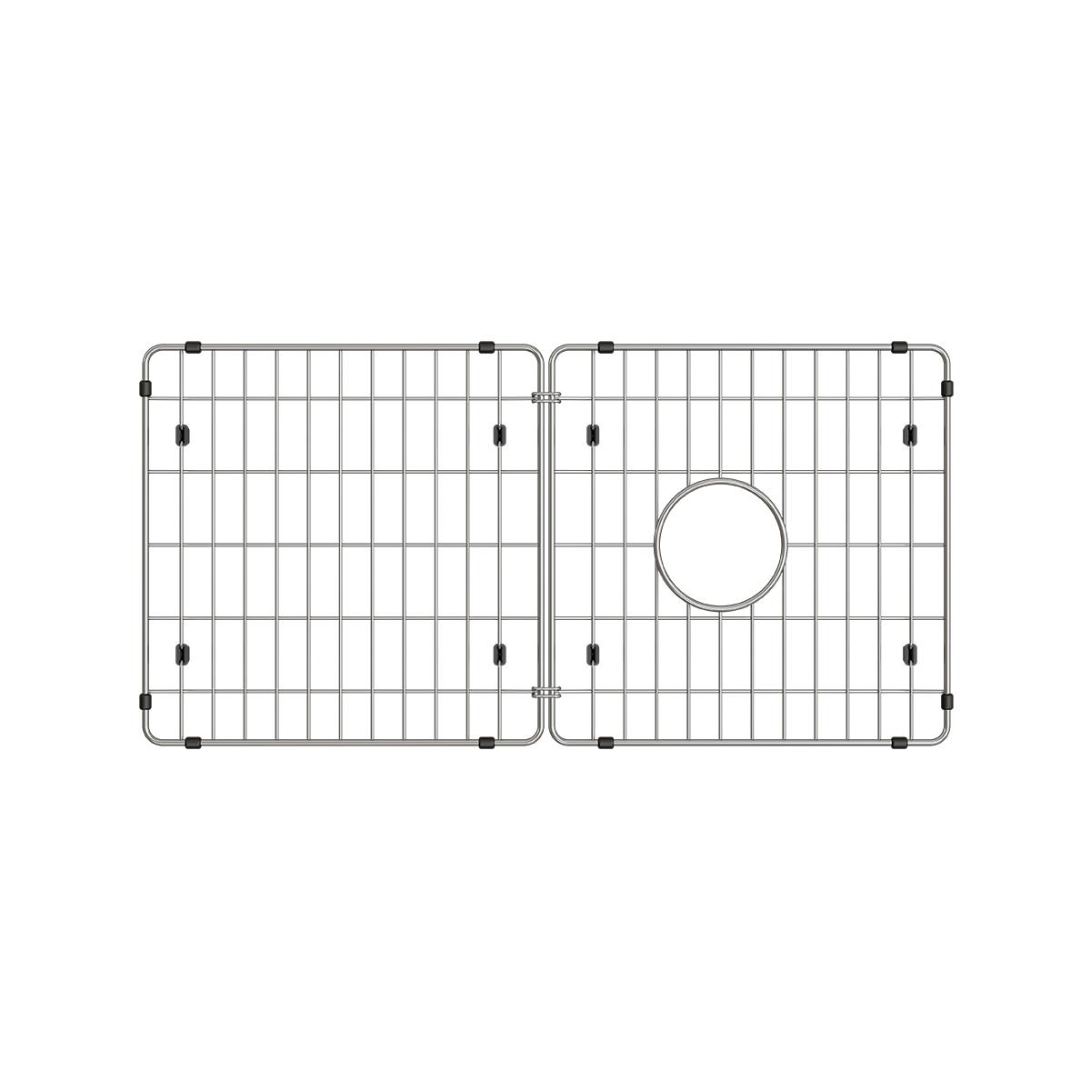 Stainless steel sink grid with two compartments, vertical wires, corner supports, and circular drain opening on right side.