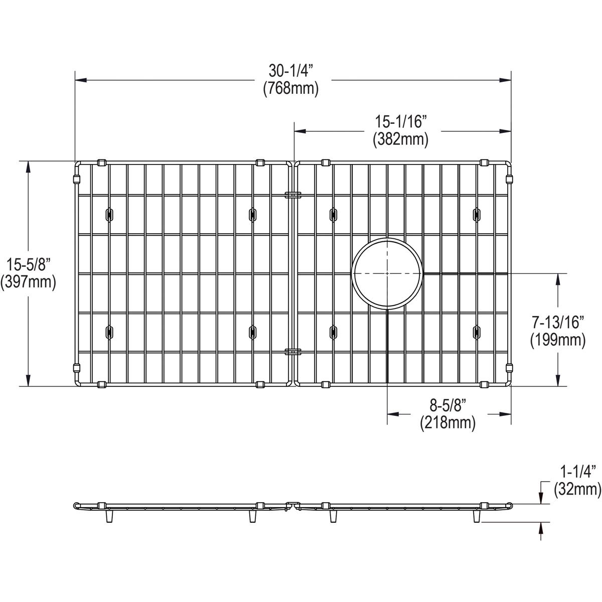 Stainless steel sink bottom grid with vertical and horizontal wires, corner feet, and circular drain opening, shown in top an