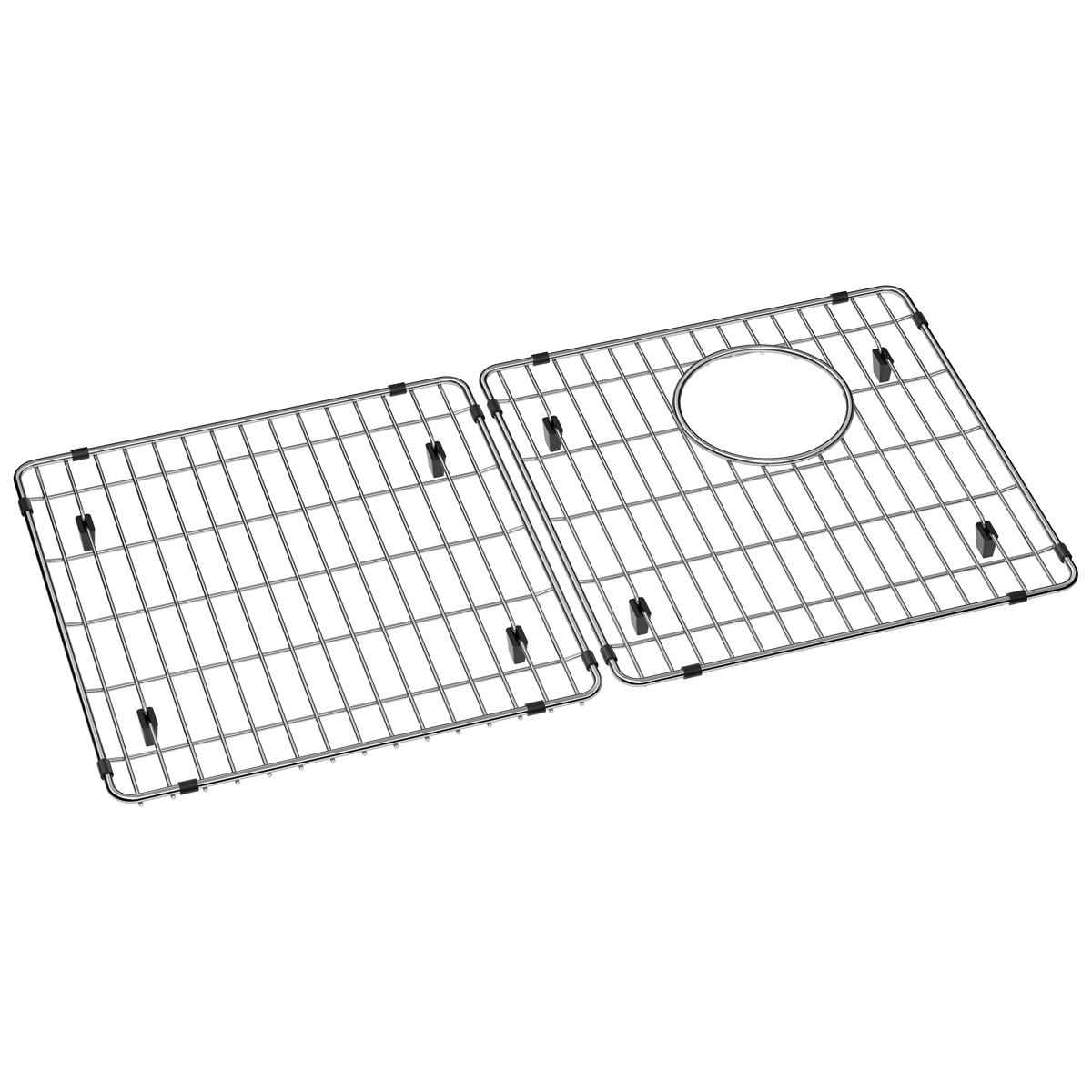 Stainless steel sink bottom grid with two sections, wire construction, and center drain opening.