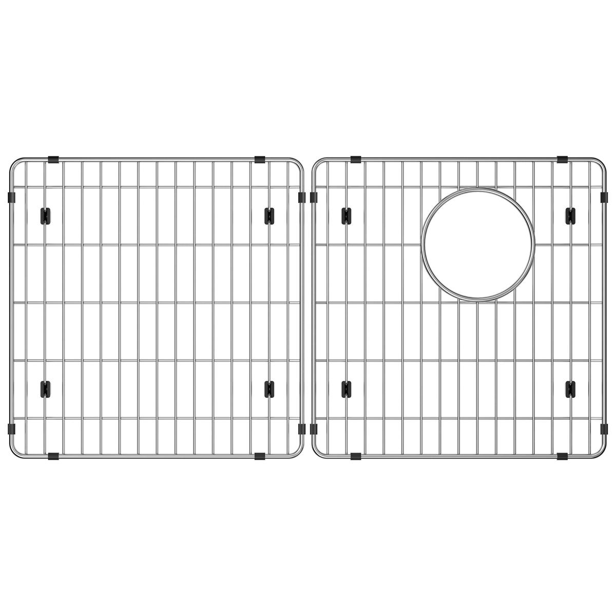 Stainless steel sink grid with vertical wires and rounded corners, one section featuring a circular drain opening with black 
