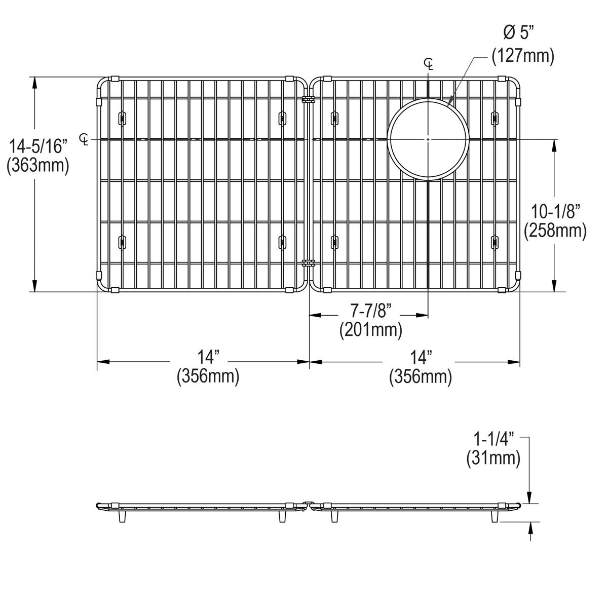 Stainless steel sink grid with vertical wire pattern, circular drain opening, and mounting clips, shown in top and side view.