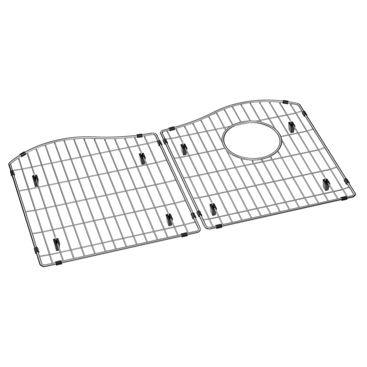 Stainless steel sink bottom grid with two sections, vertical wire pattern, and circular drain opening.